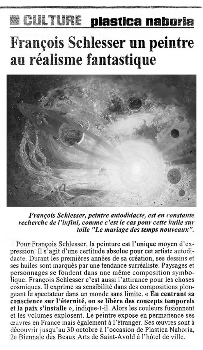 Article de presse - Le Républicain Lorain" du 1er octobre 2005 - ​Plastica Naboria 2ème biennale des Beaux Arts de Saint-Avold Exposition de Prestige d'Artistes Peintres et Sculpteurs "entre rêve et réalité" Hôtel de ville de Saint-Avold (57) Moselle  Du 1er au 30 octobre 2005 ​