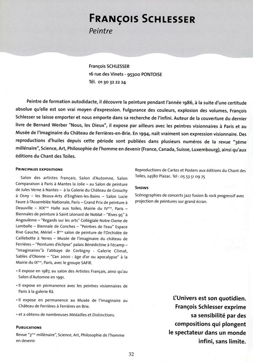 Page 32 du Catalogue - Peinture de François Schlesser - ​Plastica Naboria 2ème biennale des Beaux Arts de Saint-Avold Exposition de Prestige d'Artistes Peintres et Sculpteurs "entre rêve et réalité" Hôtel de ville de Saint-Avold (57) Moselle  Du 1er au 30 octobre 2005 ​